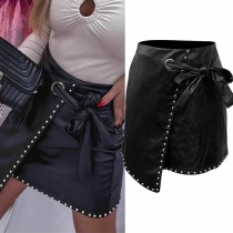 Fashion Rivet Self-tie Artificial Leather PU Self-tie Skirt