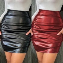 Fashion High-rise Ruched Slim-fit Artificial Leather PU Skirt
