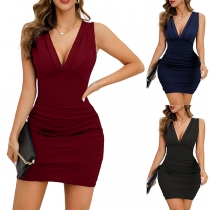 Fashion Solid Color V-neck Sleeveless Bodycon Dress