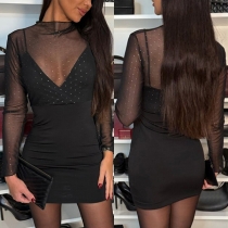 Sexy Semi-through Gauze Spliced Rhinestone Crew Neck Long Sleeve Bodycon Dress