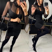 Sexy Semi-through Gauze Spliced Rhinestone Polo-neck Front Cutout Long Sleeve Bodycon Dress