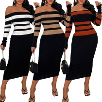 Sexy Contrast Color Stripe Off-the-shoulder Long Sleeve Bodycon Ribbed Dress