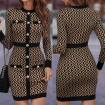 Vintage Printed Crew Neck Long Sleeve Button Bodycon Dress