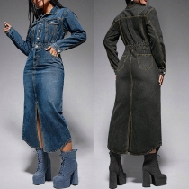 Modisches Denim Kleid mit Stehkragen, langen Ärmeln, Knopfleiste, hohem Bund und Frontschlitz