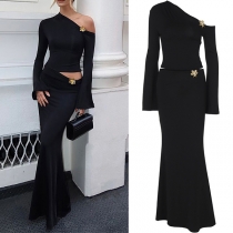 Fashion 3D Floral Decoration Two-piece Set Consist of Slant Shoulder Shirt and Maxi Skirt