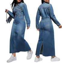 Fashion Stand Collar Long Sleeve Front Button Back Slit Old-washed Denim Dress