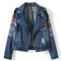 Vintage Printed Notch Lapel Long Sleeve Slant Zipper Old-washed Denim Jacket
