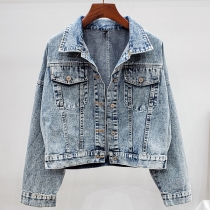 Fashion Stand Collar Long Sleeve Back Tassel Old-washed Denim Jacket