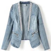 Fashion Rhinestone Long Sleeve Old-washed Denim Jacket