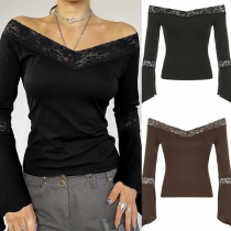 Fashion Lace Spliced V-neck Long Sleeve Slim-fit Shirt