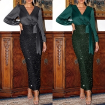 Fashion Bling-bling Sequined V-neck Long Sleeve Self-tie Bodycon Dress