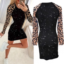 Fashion Bling-bling Leopard Printed Crew Neck Long Sleeve Bodycon Dress
