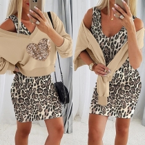 Fashion Two-piece Set Consist of Shirt with Sequin Heart Pattern and Leopard Print Tank Dress