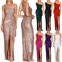 Sexy Bling-bling Sequined Slant Shoulder Sleeveless Self-tie Slit Maxi Party Dress