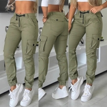 Fashion Drawstring Waist Side Patch Pockets Cargo Pants