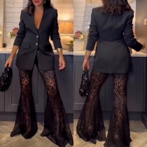 Sexy Two-piece Suit Set Consist of Blazer and Wide-leg Lace Pants