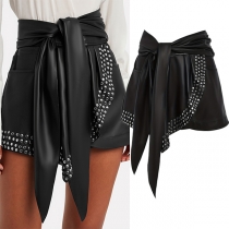 Fashion Rivet Self-tie Artificial Leather PU Shorts