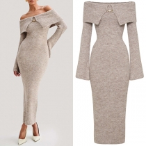 Sexy Lapel Strapless Trumpet Long Sleeve Ribbed Bodycon Maxi Dress