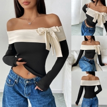 Sexy Contrast Color Strapless Bowknot Long Sleeve Shirt