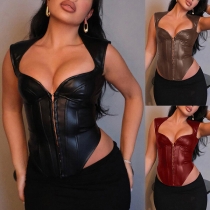 Sexy Sweatheart Neckline Front Bucklet Sleeveless Artificial Leather PU Corset Bodysuit