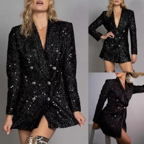 Fashion Bling-bling Sequined V-neck Double-breasted Long Sleeve Blazer