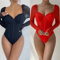 Sexy Gauze Spliced Long Sleeve Sweetheart Neckline Corset Bodysuit