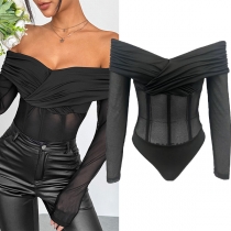Sexy Cross Strapless Long Sleeve Semi-through Corset Bodysuit