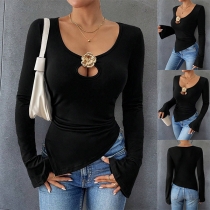 Sexy Crew Neck Front Cutout 3D Floral Decoration Long Sleeve Irregular Hemline Shirt