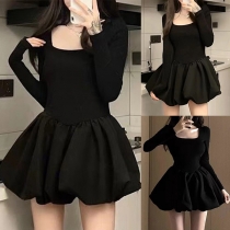 Fashion Square Neck Long Sleeve Ruffle Mini Dress