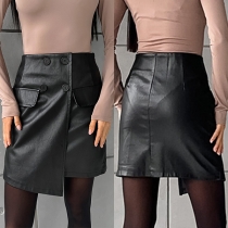 Fashion Double-breasted Irregular Hemline Artificial Leather PU Skirt