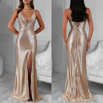 Sexy Sequined V-neck Back Lace-up Side Slit Party Dress