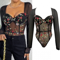 Sexy Floral Embroidered Sweetheart Neckline Long Sleeve Semi-through Bodysuit