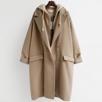 Fashion Notch Lapel Drawstring Hooded Long Sleeve Duffle Fake-two-piece Coat