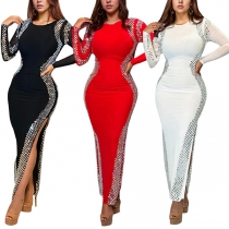 Sexy Rhinestone Crew Neck Long Sleeve Side Slit Maxi Party Dress