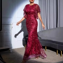 Elegant Crew Neck Ruffle Short Sleeve Maxi Party Dress