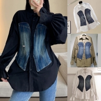 Fashion Contrast Color Old-washed Denim Spliced Long Sleeve Cinch Waist Blouse