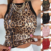 Fashion Bling-bling Sequin Crew Neck Sleeveless Tank Shirt
