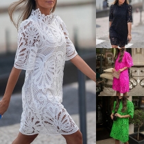 Fashion Floral Hollow Out Crew Neck Short Sleeve Lace Dress
