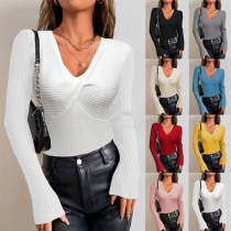 Fashion Knik-knot V-neck Long Sleeve Ribbed Shirt