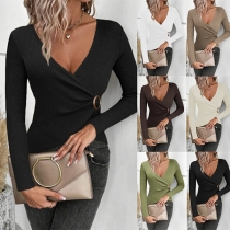 Fashion O-ring Cross V-neck Long Sleeve Ribbed Shirt