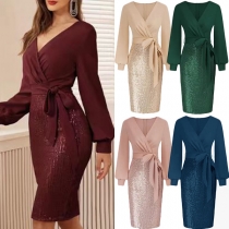 Fashion V-neck Long Sleeve Sequined Self-tie Bodycon Dress