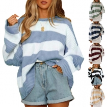 Fashion Contrast Color Stripe Crew Neck Long Sleeve Sweater