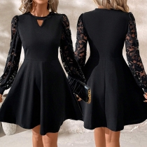 Fashion Lace Spliced Long Sleeve Front Cutout Crew Neck High-rise Mini Dress