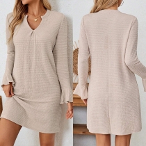 Fashion Solid Color V-neck Trumpet Long Sleeve Mini Dress
