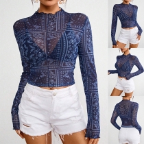 Fashion Floral Pattern Crew Neck Long Sleeve Semi-through Crop Shirt