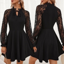 Sexy Lace Spliced Long Sleeve Self-tie Round Neck High-rise Mini Dress