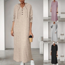 Fashion Solid Color Button V-neck Drawstring Long Sleeve Ribbed Long Dress