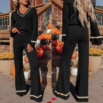 Fashion Contrast Color Stripe Two-piece Set Consist of V-neck Shirt and Wide-leg Pants