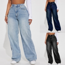 Fashion High-rise Straight-cut Old-washed Denim Pants