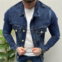 Fashion Stand Collar Long Sleeve Chest Pockets Old-washed Denim Jacket for Men